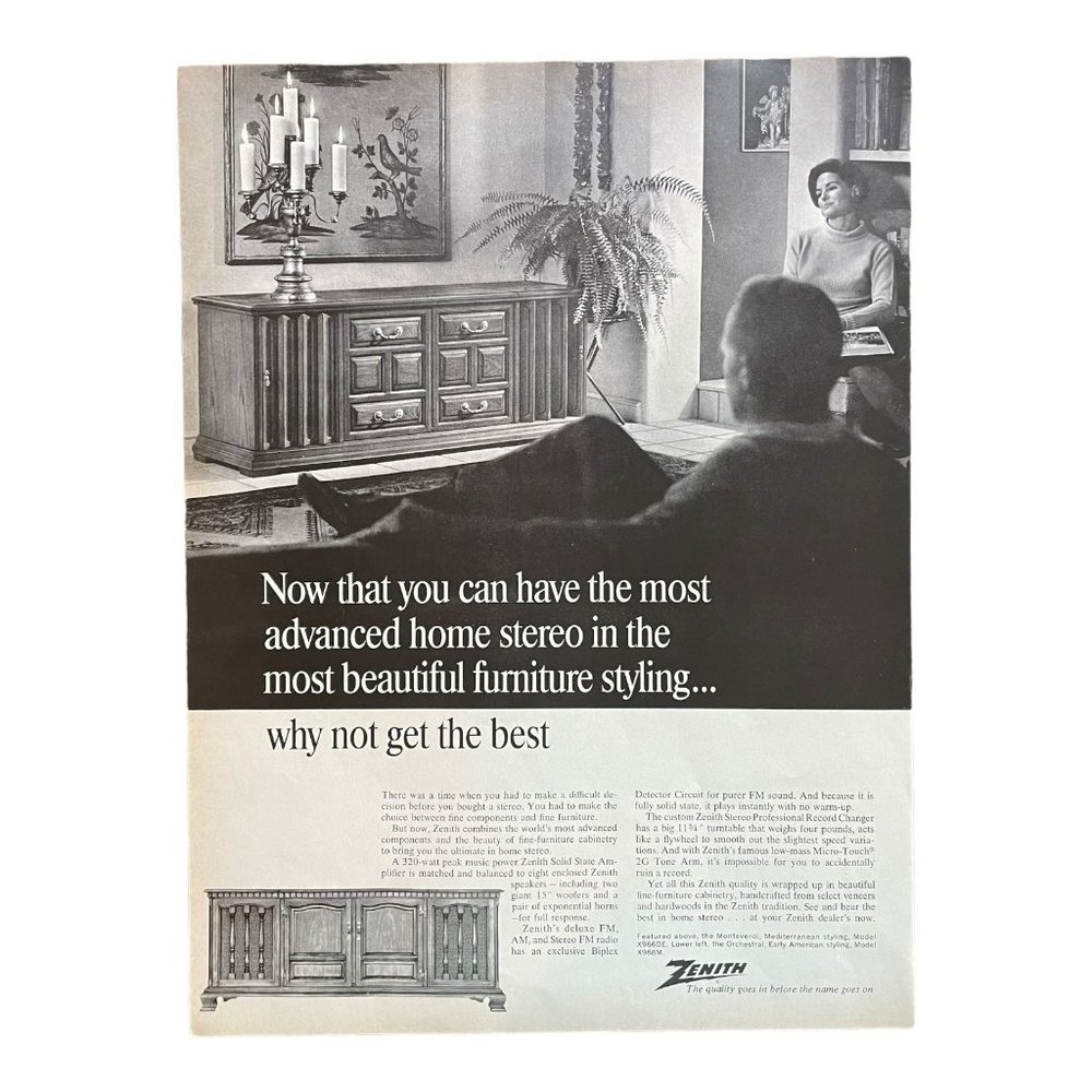 1966 Zenith Home Stereo Console Vintage Print Ad Why Not Get the Best B&W